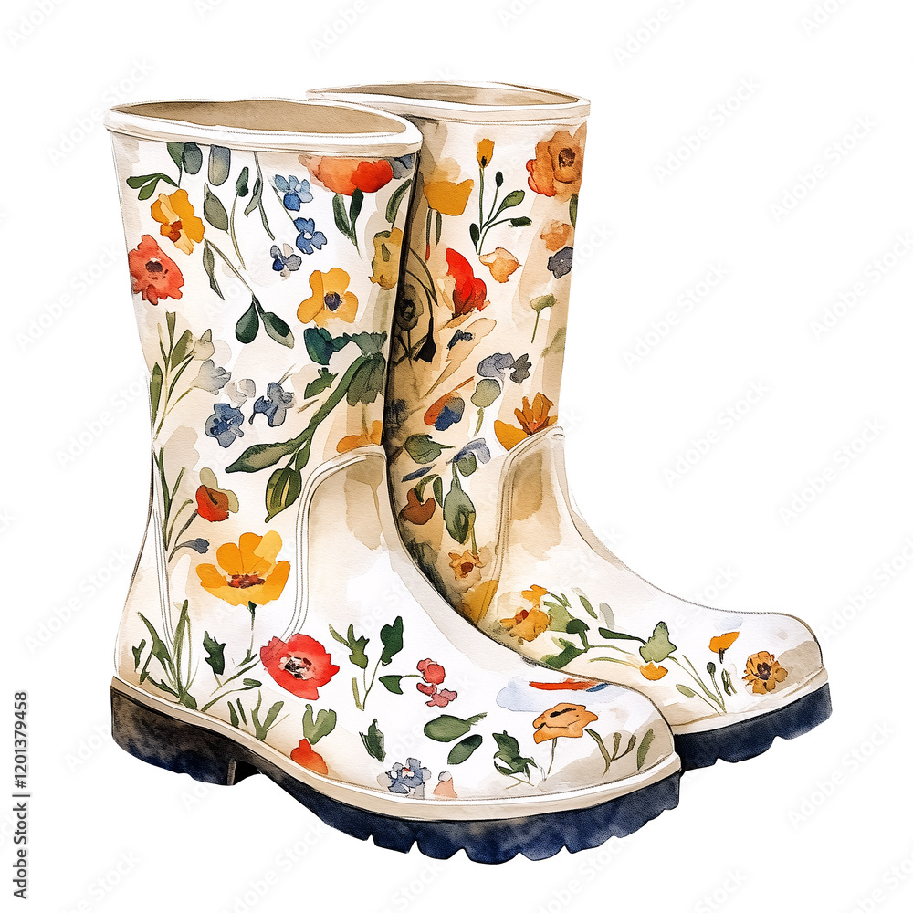 Watercolor Floral Rubber Rain Boots Illustration, Hand-Painted ...