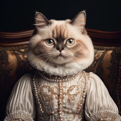 Wall Mural - Animal portrait in Victorian outfit concept. Cat dressed in an elaborate vintage outfit with pearls and a regal pose