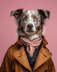 Wall Mural - Animal portrait in Victorian outfit concept. Stylish dog wearing a coat and scarf against a pink background