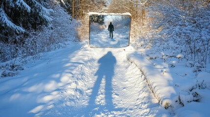 Poster - Person walks, shadow visible on snowy forest path.