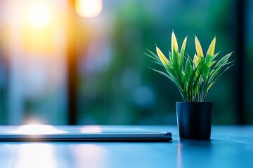 Wall Mural - A small potted plant sits on a table, illuminated by soft sunlight, creating a serene and calming atmosphere.