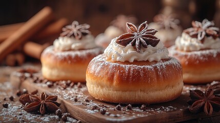 Wall Mural - Freshly baked donuts topped with cream and spices, beautifully arranged on a wooden board