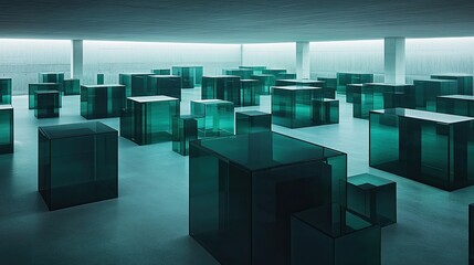 Teal glass cubes in a minimalist, modern interior space.