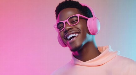 Wall Mural - Happy young man in glasses wearing pink headphones, laughing while listening to music against