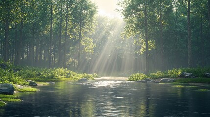 Canvas Print - Sunbeams illuminate a tranquil forest stream.