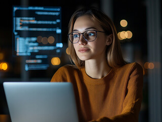 young woman focused on coding at night in a cozy space