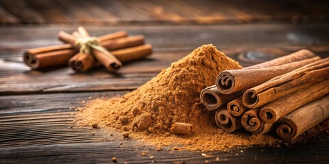 Wall Mural - Cinnamon powder sprinkled on a wooden table surface ,  cinnamon, powder, spice, wood, table, condiment, brown, aromatic