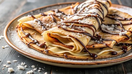 Wall Mural - Close-up shot of a plate of freshly made crepes drizzled with chocolate and sprinkled with shredded coconut flakes ,  crepes