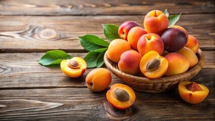 Wall Mural - Fresh ripe apricots with a slice on a wooden table ,  apricots, fresh, ripe, fruit, slice, wooden, table, healthy, organic