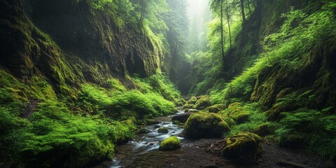 Aufkleber - A lush forest along a hiking trail in a dramatic gorge, showcasing the beauty of nature within a serene environment ideal for hiking enthusiasts and nature lovers. Enjoy the forest experience.
