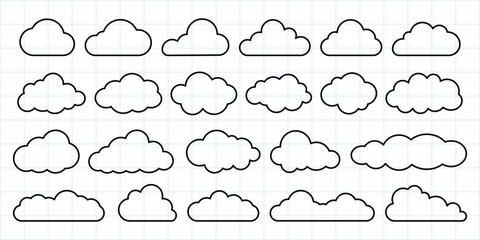simple cloud illustrations on grid paper. eight cloud designs, each cloud outlined in black. clouds 