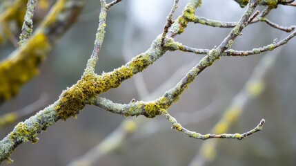 Fototapete - Winter Bare Branches Adorned with Moss, A close up view showcasing the beauty of bare branches covered in moss during the winter season, highlighting the unique textures and serene atmosphere.