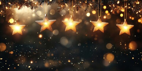 Poster - Twinkly lights and stars create a magical Christmas background. The enchanting twinkly lights and twinkling stars enhance the festive atmosphere, perfect for holiday celebrations.