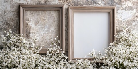 Poster - Two empty frames set against a backdrop of white flowers, creating a perfect canvas for showcasing your designs. The blank frames provide an ideal opportunity for creative expression.