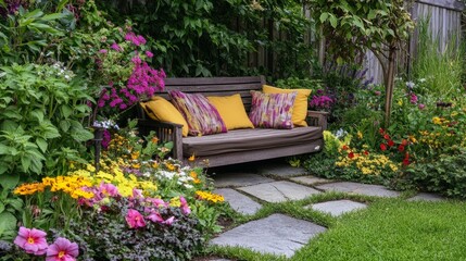 Poster - Cozy garden featuring a wood couch surrounded by vibrant flowers, creating a perfect summer retreat. Enjoy the tranquility of a wood couch in a beautifully adorned garden this summer.