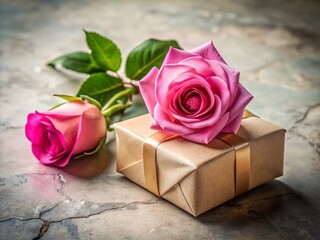 Wall Mural - Pink Rose & Vintage Gift Box on Marble - Elegant Still Life Stock Photo