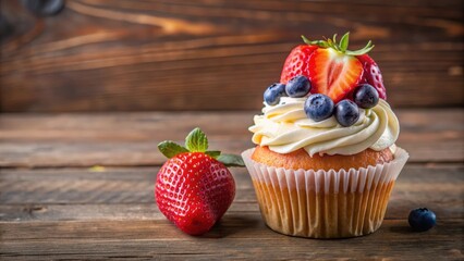 Wall Mural - Delicious cupcake adorned with fresh strawberries and blueberries for a visually stunning treat, cupcake, strawberries