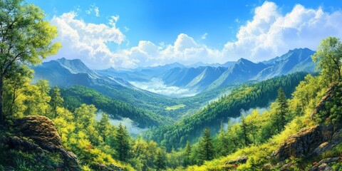 Aufkleber - Stunning mountains and lush trees create a vibrant landscape under a bright blue sky, offering a comfortable and picturesque view of nature s beauty in the mountains.