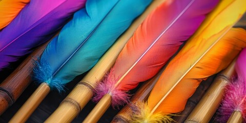 Poster - Colorful feathers attached to bamboo sticks create a vibrant display. These bamboo sticks adorned with colorful feathers add a lively touch to any creative project or artistic endeavor.