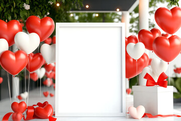 Wall Mural - Beautifully decorated Valentine's Day, framed poster blank, storefront with heart-shaped balloons, red ribbons and glowing lights, romantic atmosphere, mockup	