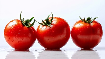 Poster - Three vibrant red tomatoes are splashed with water droplets, emphasizing their freshness and juiciness. The bright backdrop enhances the visual appeal of this culinary subject.