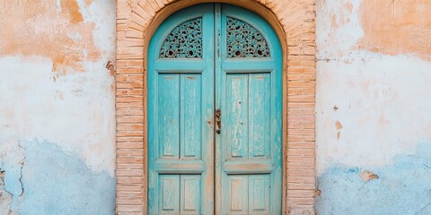 Poster - Decorative wooden door with a bricked up design in soft pastel colors, showcasing unique craftsmanship and artistry of decorative wooden elements in a charming style.