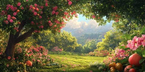 Poster - Vibrant flowers, luscious fruits, and majestic trees come together in nature, showcasing the beauty of green landscapes. Explore the harmony of flowers, fruits, and trees in this stunning nature