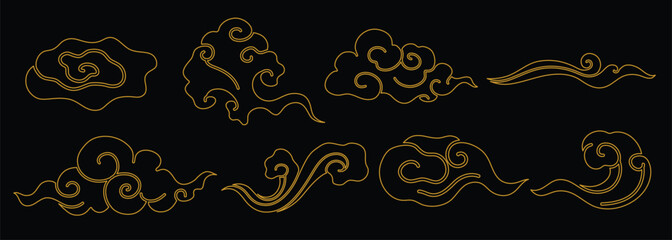 Elegant gold cloud patterns on black. Gold clouds swirl in artistic designs. Cloud motifs create a luxurious, decorative feel. Gold and black contrast beautifully. Chinese weather elements, vector set