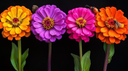 Aufkleber - Various stunning zinnia flowers adorned with insects, showcasing the beauty of zinnia flowers in nature, illustrating the vibrant colors and diverse shapes of zinnia flowers.