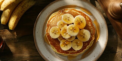 Wall Mural - Delicious pancakes, savor beautiful pancakes topped with fresh bananas and drizzled honey, presented on a plate. Top view flatlay highlights these delicious pancakes in a stylish kitchen setting.