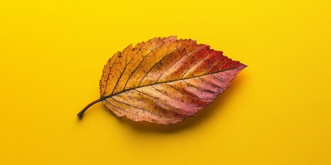 Poster - Autumn leaf displayed against a vibrant yellow background, showcasing the beauty and detail of the autumn leaf, highlighting its colors and textures in this captivating image of an autumn leaf.
