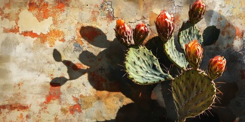 Poster - Abstract image featuring a prickly pear cactus adorned with flower buds resembling a candelabra, creating intriguing shadows. The prickly pear cactus adds a unique touch to nature photography.