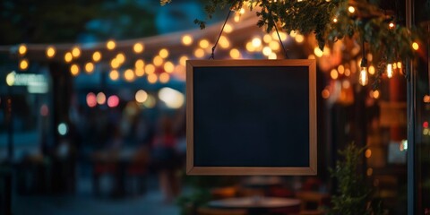 Leinwandbilder - Illuminated electric light displays an announcement on a black board, suspended in front of a restaurant or shop at night, creating an inviting atmosphere with the electric light glow.