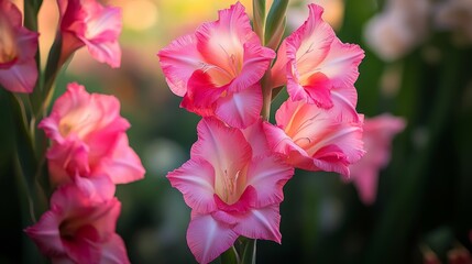 Aufkleber - Vibrant and beautiful pink gladiolus flourish in a garden, showcasing their striking colors with spring blooming flowers perfect for enhancing any floral scene and garden imagery.