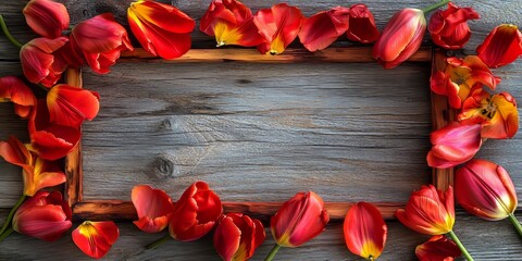 Aufkleber - Frame crafted from vibrant tulip petals displayed on a rustic wood background, showcasing the beauty of tulip petals in an artistic and unique composition of tulip petals.