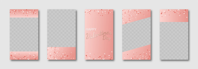 Wall Mural - Valentine's Day social media templates design, set of background for banner, flyer, card on the pink backdrop with confetti en rosate tones. vector illustration for poster, frame, stories, story post