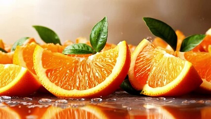 Aufkleber - Juicy orange slices are splashed with water droplets, showcasing their bright color and freshness. The scene captures the essence of summer, inviting appetite and enjoyment.