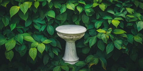 Poster - A white marble pedestal is encircled by lush green leaves, creating a striking contrast between the elegant marble and the vibrant greenery surrounding it.