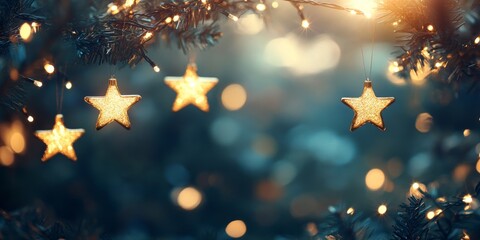 Poster - Twinkly lights and stars create a magical Christmas background. The enchanting twinkly lights and twinkling stars enhance the festive atmosphere, perfect for holiday celebrations.