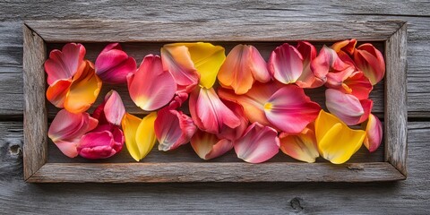 Aufkleber - Frame crafted from vibrant tulip petals displayed on a rustic wood background, showcasing the beauty of tulip petals in an artistic and unique composition of tulip petals.