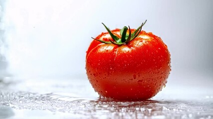 Aufkleber - A vibrant red tomato emerges from a burst of water droplets, showcasing its freshness.
