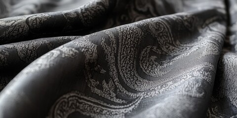 Aufkleber - Black steel gray fabric features a paisley pattern, showcasing a blend of texture and background influenced by traditional Asian elements. This unique textile provides a rich visual experience.