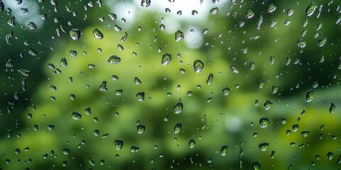 Poster - Raindrops on the window pane create a serene atmosphere. The silhouettes of blurred green trees are visible outside the window, enhancing the beauty of this rainy day scene. High quality photo of