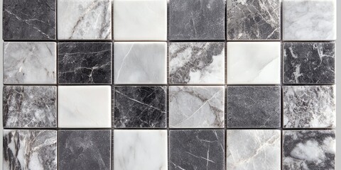 Poster - Square mosaic tiles featuring a blend of grey and white marble, showcasing an intricate texture that embodies a stylish and contemporary aesthetic.