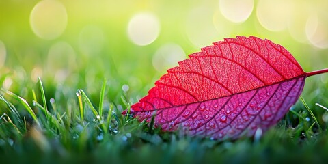 Aufkleber - Close up of a red leaf resting on grass, showcasing the vivid color and texture of the red leaf against the blurred green background. This red leaf creates an eye catching focal point in nature.