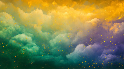 Wall Mural - Abstract Clouds in Mardi Gras Colors of Bright Green and Yellow with Sparkling Gold Accents. Concept of Festive Atmosphere, Celebration, Vibrant Display. Copy space