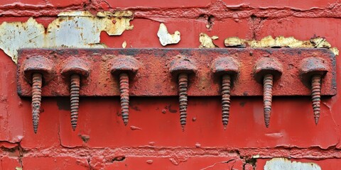 Aufkleber - A weathered red brick wall adorned with corroded nails displays a gritty texture and evokes a sense of horror aesthetic, contributing to its grunge appeal.