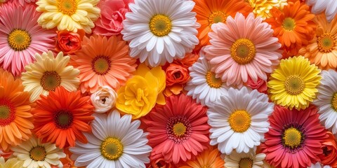 Poster - Stunning background featuring beautiful daisies and gerberas. This beautiful daisy and gerbera background showcases vibrant colors, creating an eye catching visual appeal.