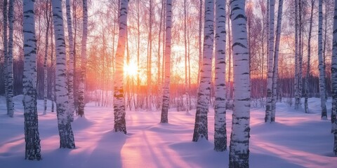 Aufkleber - Winter sunset illuminates the birchwood, casting pink sunlight through the white trunks of birch trees, creating a serene and enchanting winter sunset scene in nature.