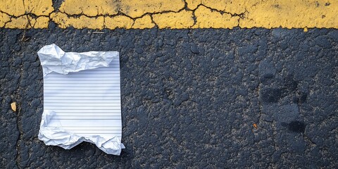 Fototapete - A crumpled lined writing paper rests on road pavement, showcasing an intriguing detail. The crumpled lined writing paper contrasts against the surface, creating a unique visual.